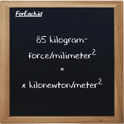 1 kilogram-force/milimeter<sup>2</sup> is equivalent to 9806.7 kilonewton/meter<sup>2</sup> (1 kgf/mm<sup>2</sup> is equivalent to 9806.7 kN/m<sup>2</sup>)